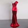 Lässige Kleider, V-Ausschnitt, eine Schulter, gerüscht, in voller Länge, Maxikleid, Satin, Stretch, gepolstert, Burgunderrot, Grün, Abschlussball, Abendparty