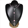 ビーズネックレスピンククリスタルビーズロザリオネックレス女性のための手作りの宗教宝石