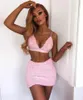 Kvinnors tvådelar Pants 2022 Autumn Faux Fur Pink Sexig Set Halter Bralette Crop Top och minikjol Vinterkläder Klubbklänning