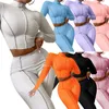 2022 Fall Women Pit Thread Tracksuits 2 Piece Pants Outfit Sexig hög krage skörd topp hög midja joggerdräkt