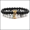 Charm Bracelets Natural Black Stone Crown Bracelets Set para Mujeres Hombres 8Mm Yoga Beads Healing Energy Bracelet Bangle Hand Dhseller2010 Dh32N