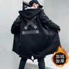 Trench da uomo Giacca invernale in pile da uomo stampato Trench lungo con cappuccio giapponese con cappuccio Nero Hip Hop Streetwear Giacca spessa Giacca a vento da uomo 220907