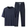 남성용 트랙 슈트 2022 여름 2 피스 스포츠 캐주얼 정장 패션 라운드 넥 넥 짧은 슬리브 티셔츠 남자 긴 바지 세트