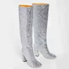 Laarzen Dames zilveren dikke hakken 5cm glitter glanzende laarzen dames lovertjes doek groot formaat 220906