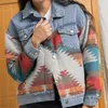 Jaquetas femininas retro denim manga comprida lapela costura solta lã feminina aztec vintage casaco 220906
