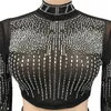 Tvådelt klänning Kricesseen Sexig nätborrning Se genom kjol Set Women Crystal Long Sleeve Top och Maxi Suits Clubwear Outfits 220907