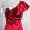 Casual Dresses V Neck One Shoulder Ruffled Full Length Maxi Dress Satin Stretch Padded Burgundy Green Prom Evening Party