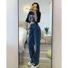 Damen Jeans Streetwear Koreanische Mode Jeans Frau Hohe Taille Y2k Gerade Baggy Hosen Hot Girl Druck Bein Weit Hosen Casual Denim Hosen T220825