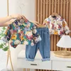 Frühling Baby Mädchen Jungen Kleidung Sets Kleinkind Infant Revers Druck Hemd Jeans Mode Im Freien Kinder Kinder Kostüm