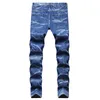 Erkekler hip hop kravat boyası yırtık kot pantolon moda sokak kıyafeti gündelik ince fit denim pantolon koyu mavi delik fermuar pantolon boyutu 28-42