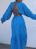 Casual Dresses Traf Blue Cutwork Long Women Brodery Maxi Woman Summer Backless Female Sleeve For 220906