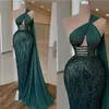 فستان سهرة مركزية خضراء داكنة واحدة من ترتر كتف واحد روب روب دي سويري القطار دبي للارتداء الرسمي مصنوع مخصص