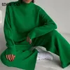 Calças de duas peças das mulheres de malha calças terno conjunto verde inverno solto manga longa malhas flare conjuntos femininos ternos casuais 220907