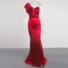 Casual Dresses V Neck One Shoulder Ruffled Full Length Maxi Dress Satin Stretch Padded Burgundy Green Prom Evening Party