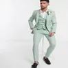 Fit Mint Green Wedding Tuxedos 2022 Men Pak voor Beach Wedding Boho Three Piece Coat Pant Vest Satin Formele Groomsmen Suits Evening Cocktail Party Outfits