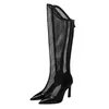 Boots Knee High Women Summer Heels 9,5 cm stilettos party skor sexiga mesh botas altas mujer 220906