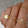Conjunto de anillos de cadena de oro bohemio para mujer, anillos de estrella, Luna, serpiente, moneda Bohemia, moda