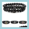 Charm Bracelets Natural Black Stone Crown Bracelets Set para Mujeres Hombres 8Mm Yoga Beads Healing Energy Bracelet Bangle Hand Dhseller2010 Dh32N