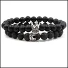 Charm Bracelets Natural Black Stone Crown Bracelets Set para Mujeres Hombres 8Mm Yoga Beads Healing Energy Bracelet Bangle Hand Dhseller2010 Dh32N