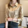 2022 Spring Autumn Korean Satin Silk Shirt Vintage Long Sleeve Blue Women New Office Lady Clothes Pocket Fashion Tops Chic