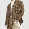 Men's Suits Firmranch Fall Spring Ins Tartan Blazer Woollen Casual Suit Men Loose All Match Coat Design Sense Overcoat BF Style For Girl