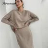 Two Piece Dress Hirsionsan Soft Elegant Vintage Women Suits 2 Pieces Female Sets O Neck Sweater Midi Ladies Knitted TrackSuit 220906