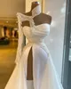 White Prom Dresses Princess One Long Sleeve Deep V Neck One Shoulder Appliques Sequins Evening Dresses Satin Side Slit Floor Length Party Gowns Plus Size Custom Made