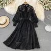 Vintage palace Feng dress Shui soluble hollow out lantern long sleeve slim lace super Fairy Big hem long skirt