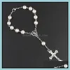 Andra armband Katolska radbandsarmband Tr￤p￤rlor Vit Pearl Christ Cross Jesus Virgin Armband Religi￶sa smycken f￶r Wo Lulubaby DHK7U