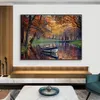 Canvas Painting Abstract Forest Blue With White Boat On The River Modern landscape Posters And Prints Wall Art For Home Decor