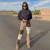 Femmes S jeans automne brune femme cowboy rayé patchwork street street occasionnel hip hop haut taille pantalon de mode lâche 220907