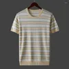 Męskie koszule Summer męski Slim Casual Tee Shirt Men Korean Fashion Striped krótkie koszulki z krótkim rękawem O Kniste Ice Silk Top B16