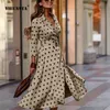 Casual Dresses Y2K Spring Autumn Women's Elegant Fashion VNeck Polka Dot Print ThreeQuarter Sleeve LaceUp Slit Midi Vestido 220906