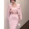 Two Piece Dress High Quality Plaid Knitted Suit Women Single Breasted Cardigan Sweater Crop Top Camisole Bodycon Skirts Sets 3 Outfit 220906