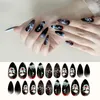 Almond Black Halloween Unhas Falsas Padr￵es de Esqueleto de Esqueleto de Vampire Scary G￳tico Pressione Pressione em Designs de Arte Falsa Artificial de Beleza Destac￡vel