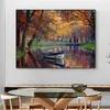 Canvas Painting Abstract Forest Blue With White Boat On The River Modern landscape Posters And Prints Wall Art For Home Decor