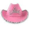 Breite Krempe Hüte Krone Rosa Cowboy Caps Western Cowgirl Hut für Frauen Mädchen Federrand Glänzende Pailletten Tiara Cowgirl Hüte Party Fedora Cap Caps 220907