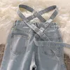 Женские джинсы Джинсовые брюки женщины сексуальная корейская версия ретро маленькая талия светло -голубые галстук с высоким содержанием повседневных штанов 220907