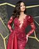 Burgundy Mermaid Evening Dresses Long Sleeves 2022 Vestidos De Fiesta Beading Lace stain arabic caftan V-Neck Formal Dress Prom