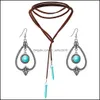 Dangle Chandelier Bohemian Style Retro Turquoise Jewelry Set Vintage Dangle Earrings Korean Veet Autumn And Winter Long Sweater Neck Dhl0M