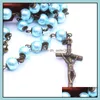 Beaded Necklaces Blue Pearl Rosary Necklace Women Men Vintage Jesus Cross Necklaces Pendant Classic Handmade Prayer Chai Dhseller2010 Dhfzw