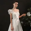 Lace wedding dress long trailing one shoulder slim retro master Satin ruffled beaded LD5033
