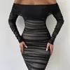 Casual Dresses Dressmecb Off Shoulder Mesh Party Dress Women Clothing Sexig Club Backless Ruched BodyCon Long Sleeves Autumn Vestidos 220906