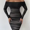 Casual Kleider Dressmecb Off Schulter Mesh Party Kleid Frauen Kleidung Sexy Club Backless Geraffte Bodycon Lange Ärmel Herbst Vestidos 220906