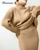 Tvådelad klänning Hirsionsan Elegant Sticked Set Women Casual Pieces Turtle Neck Sweater and Midi kjol Kvinnliga varma kostymer med 220906