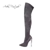 Boots Spring Autumn Grey Over The Knee Pointed Toe Stilettos High Heels 12cm Leg Slimming Slip on Stretch 220906