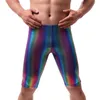 Shorts masculinos Man calças brilhantes 2022 roupas de banho de praia colorida listra colorida malha elástica de retalhos de retalhos