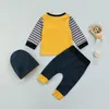 Kleidungssets, 3-teilig, Farbblock-Outfits, für Babys, Jungen, Streifendruck, Langarm, Rundhalsausschnitt, Tasche, Sweatshirt, Schleife, Hose, Mütze