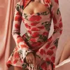 Повседневные платья HOVON атласный вырез с цветочным принтом весна-лето облегающее мини-платье женское с длинным рукавом сексуальное с открытой спиной вечерние ночной клуб 220906