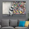 Toile peinture abstraite Graffiti Art enfants amoureux derrière le rideau affiche et impression Art mural pour salon décor à la maison Cuadros